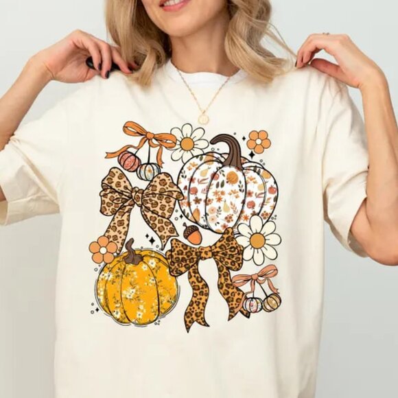 Tops - Floral Fall Pumpkin Shirt, Coquette Thanksgiving Tee,  Pumpkin Autumn Tee